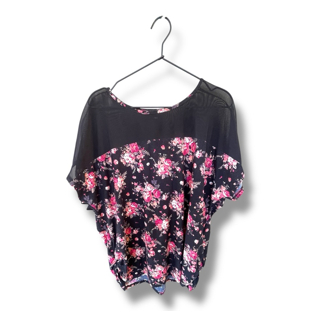 Love J Pink Floral Short Sleeve Blouse 3X with Black Sheer Upper